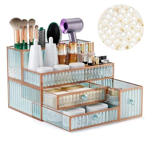 Youdepot Makeup Organizer Countertop - Tempered Glass Vanity Organizer for Cosmetics, Skincare, Hair Tools, Brushes, Perfume - Multipurpose Bathroom Counter Skincare Organizer - Image 1