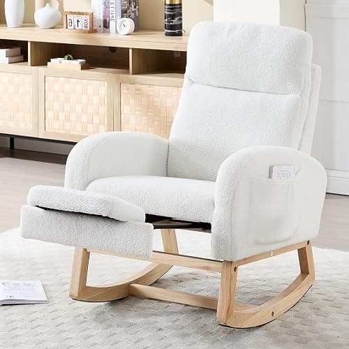 NIOIIKIT Oversized Nursery Rocking Chair, Teddy Upholstered Glider Chair with Footrest, Large Glider Rocker with Side Pocket, Rocking Accent Chair, Glider Recliner for Living Room (White Teddy) - Image 1