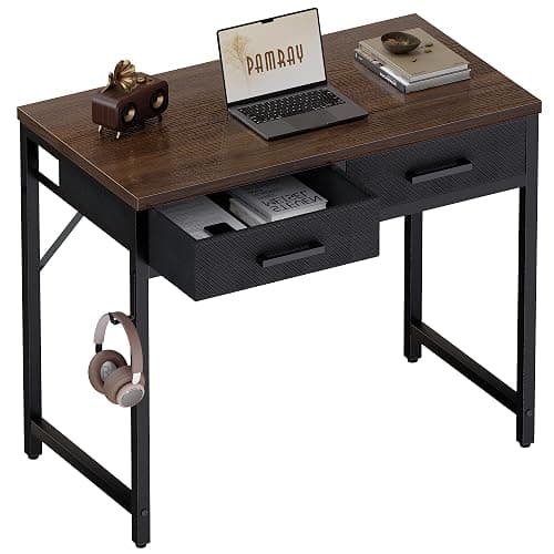 Pamray 32 Inch Small Computer Desk with 2 Drawers for Bedroom Study Writing Home Office Table for Small Spaces Brown - Image 1