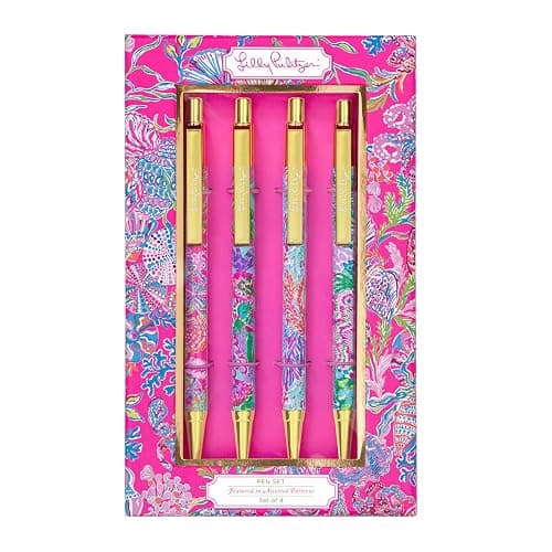 Lilly Pulitzer Black Ink Pen Set of 4, Retractable Pens for Home or Office, Colorful Plastic Click Pens, Shell Me Something Good (Assorted) - Image 1