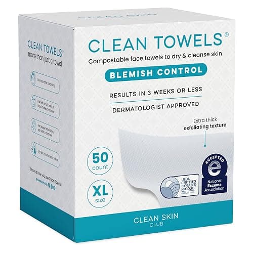 Clean Skin Club Blemish Control Clean Towels® XL, Compostable Face Towels, Light Exfoliation for Oily Skin, Eczema Association Accepted Disposable Face Towelette, Makeup Remover Dry Wipes, 50 count - Image 1