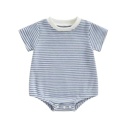 VISGOGO Unisex Baby Boy Girl Striped Romper Waffle Short Sleeve Bubble Oversized Romper Bodysuit Summer Onesie Clothes - Blue - 0-3 Months - Image 1