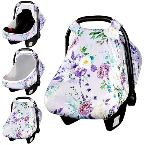 CARUILI Purple Floral Baby Car Seat Cover, Breathable Mesh Window, Sun and Wind Protection, 3 Modes of Use, Waterproof, Nylon, Polyester - Image 1