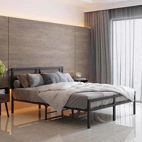 Heavy Duty Metal Platform Bed Frame with Underbed Storage Queen Size Bed Frame with Headboard No Box Spring Needed Mattress Foundation, Black - Image 1