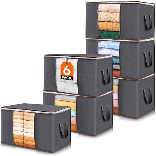 Lifewit 6 Pack Clothes Storage Bins with Lids, Foldable Blanket Storage Bags with Zippers, Clear Window and Reinforced Handles, Closet and Organization for Clothing, Sweater, Comforter, Bedding, Gray - Image 1