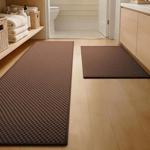 YIHOUSE Bathroom Rugs, Ultra Thin Bath Mat, Set of 2, Non-Slip, Quick Dry Absorbent, Machine Washable Bath Mat Set for Bathroom Floor, (17"x24" Plus 17"x32", Brown) - Image 1