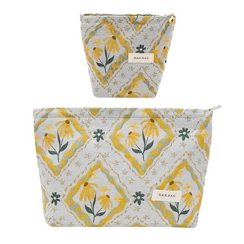 getgto 2 Pcs Makeup Bags, Large Cosmetic Bag Travel Toiletry Bag Organizer for Women, Embroidery Craft, Floral Makeup Bag Small Cosmetic Pouch Purse with Zipper Gifts for Girls Teen - Image 1