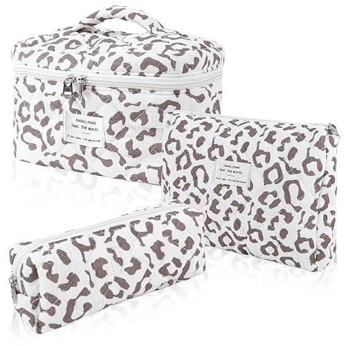 Hatende 3Pcs Cotton Quilted Makeup Bag Set,Large Floral Cosmetic Bag,Aesthetic Toiletry Travel Makeup Bag Set and Cute Flower Bag for Women Girls(White Leopard Print) - White Leopard Print - Image 1