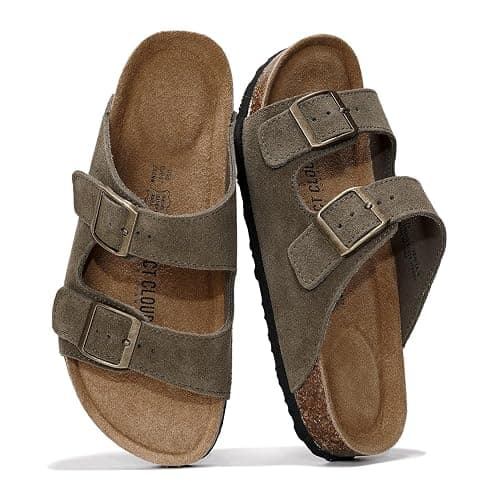 Project Cloud Genuine Leather Flat Sandals Women 2025 Beach Essentials Womens Sandals Memory Foam Vacation Essentials Slides for Women Footwear (Venita) - 6.5 - Olive Suede - Image 1