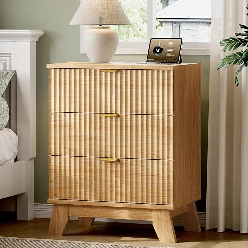 Fluted Nightstand with Charging Station, 24" Wide Bedside Table with 3 Large Storage Drawers, Modern Wood Side Table Night Stand, End Table Small Dresser for Bedroom, Living Room, Dorm, Natural Oak - Image 1
