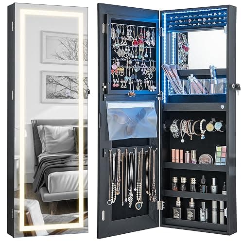 CHARMAID LED Mirror Jewelry Cabinet, Lockable Jewelry Armoire with Adjustable Lighted Full Length Mirror, 3 Lighting Sets, Wall Mounted Door Hanging Jewelry Storage Organizer (Black, 42.5''H) - Image 1
