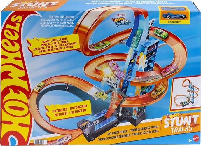 Hot Wheels Sky Crash Tower Track Set, 2.5+ ft / 83 cm High with Motorized Booster, Orange Track & 1 Hot Wheels Vehicle, Race Multiple Cars, Gift for Kids 5 to 10 Years Old & Up - Image 1
