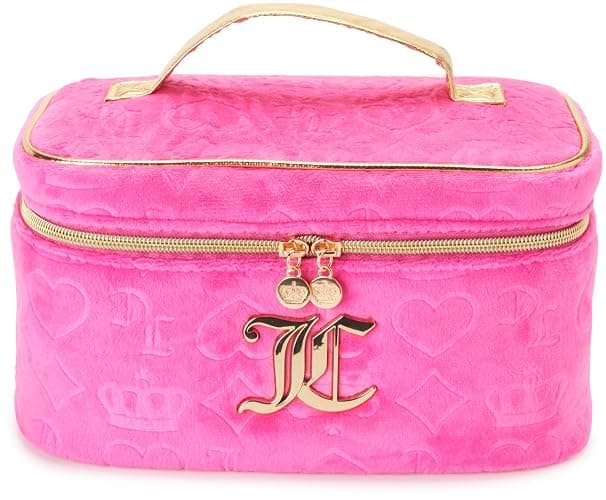 Juicy Couture Hot Pink Makeup Bag Cosmetics Organizer Travel Essentials Train Case Velour Heart Crown - Image 1