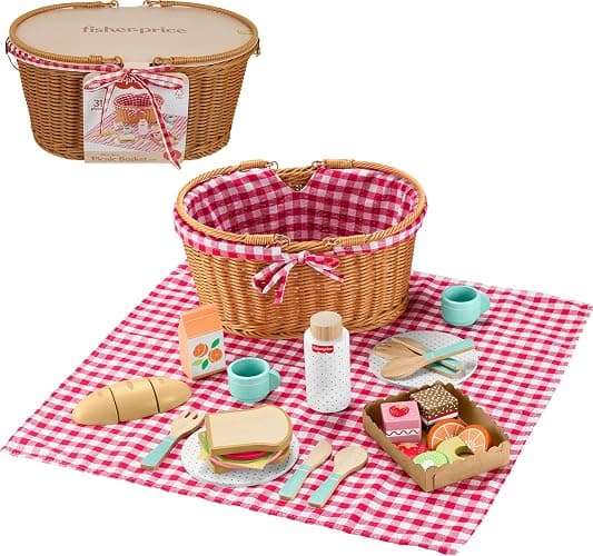 Fisher-Price Wood Pretend Play Toy Picnic Basket, 31-Piece Wooden Food Playset for Preschool Kids Ages 3+ Years - Image 1