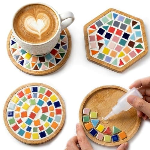 Nuyoach DIY Mosaic Coaster Kits for Adults Craft,2 Sets Ceramic Arts and Crafts Tile Kit with Wooden Coasters,Glass Mosaic Adult Craft Kits for Women Seniors Handmade Gifts Home Decor - Image 1