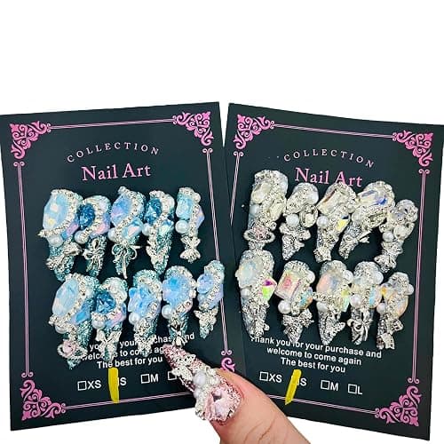 2Packs (20Pcs) Press on Nails Random 30mm Long Manicure Charms Nails Art Nail Kit for Women Party Holiday Photo Wedding Size L - Image 1