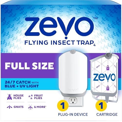 Zevo Flying Insect Trap & Cartridge - Plug in Fly Trap & Indoor Bug Catcher for Gnats, House & Fruit Flies - Mess-Free - Use in Any Room - Uses Blue & UV Light (1 Plug in Device & 1 Cartridge) - Image 1