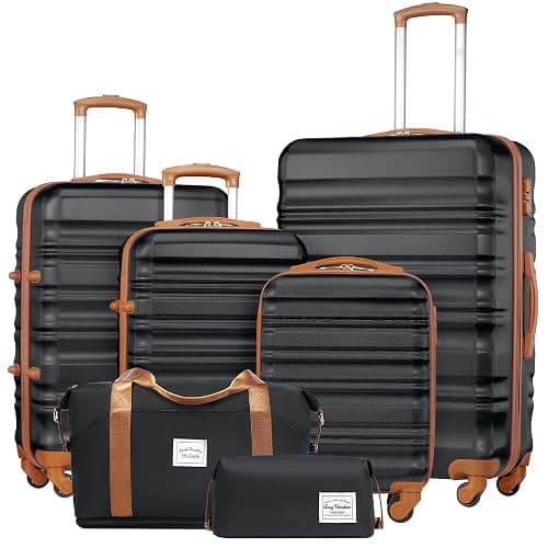 LONG VACATION Luggage Set 4 Piece Luggage with ABS hardshell TSA Lock Spinner Wheels Carry on Suitcase (BLACK-BROWN, 6 piece set) - 6 piece set - BLACK-BROWN - Image 1