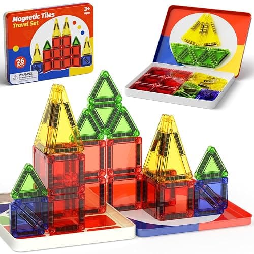 WMXDU Mini Magnetic Tiles with Iron Case, Magnetic Building Toys Kid's Travel Essential Portable Creativity On-The-Go Magnet Blocks STEM Travel Toys for Toddler Boys Girls Ages 3+, 26-Piece - Image 1