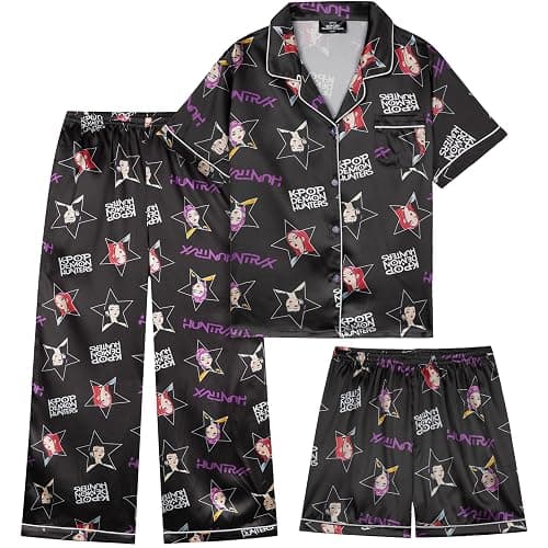 Get Trend KPop Demon Hunters Girls Pajamas Officially Licensed 3-Piece Huntrix PJs Set with Pants & Shorts, Satin Nightwear - Image 1