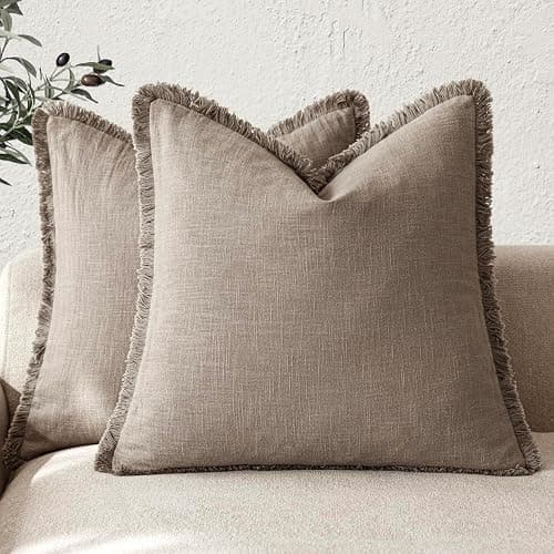 Foindtower Set of 2 Decorative Linen Fringe Throw Pillow Covers Boho Farmhouse Cushion Cover with Tassels Soft Accent Pillowcase for Couch Chair Sofa Bed Living Room Home Decor,18×18 Inch,Brown Tan - Image 1