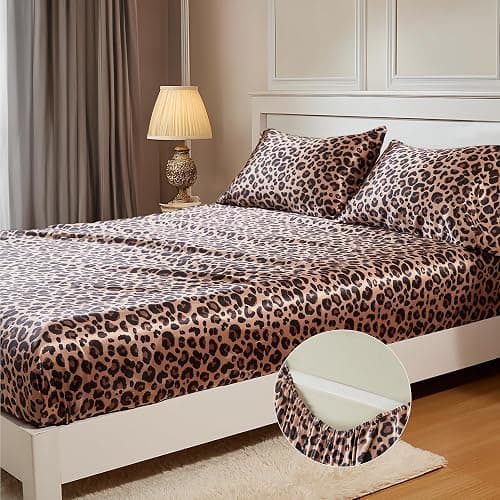 MR&HM Satin Fitted Sheet Full Size, Silky Bottom Sheet with Elastic Corner Straps, Deep Pocket up to 15 Inch, No More Slipping Off for Mattress - 1 Fitted Sheet Only (Brown Leopard) - Image 1