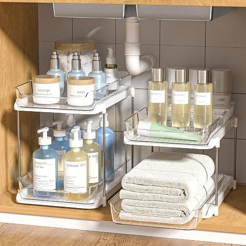 Delamu 2 Sets of 2-Tier Multi-Purpose Bathroom Under Sink Organizers and Storage, Stackable Kitchen Pantry Organization, Pull Out Medicine Cabinet Organizer with 8 Movable Dividers - 2Set-White - Image 1