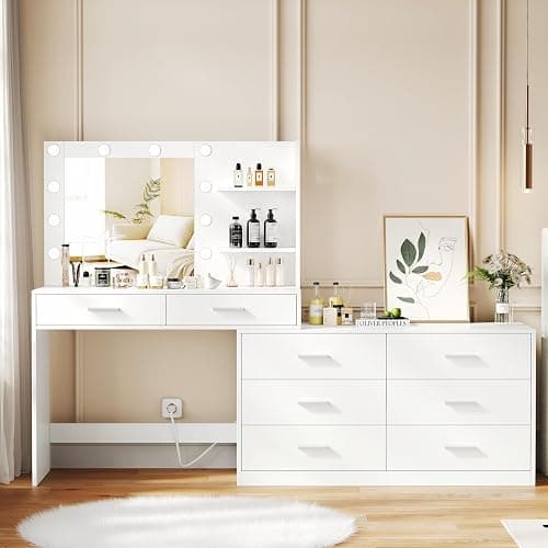 Rovaurx 65" W Makeup Vanity with Mirror and 3-Color Lights, Large Vanity Table with 8 Drawers & Side Storage Shelf, Adjustable Width, Bedroom Dressing Table, for Women, White RSZT109W - Image 1