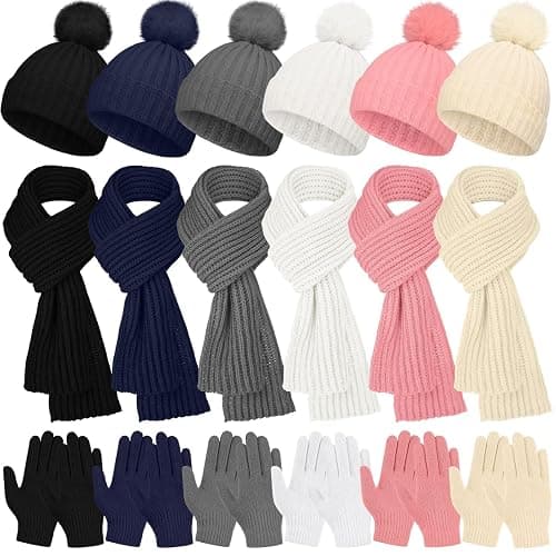 Suhine 18 Pcs Kids Winter Hat Gloves Scarf Set Warm Kids Knit Pom Beanie Hat Snow Gloves Neck Warmer Unisex for Gift - Image 1