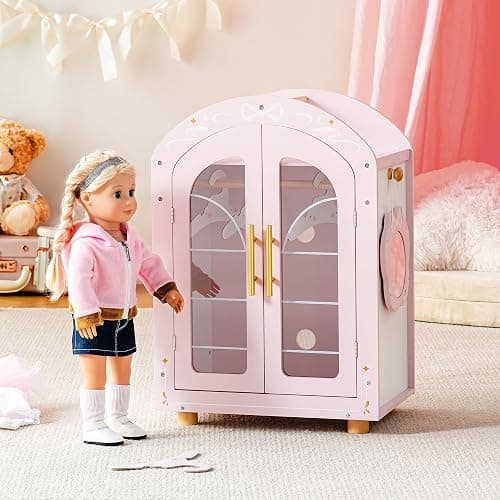 ROBOTIME Wooden Doll Wardrobe for 16-18 inch Dolls, Clothes Closet with Mirror & Hangers, Wooden Doll Furniture with Clear Cabinet Double Doors, Ballet Fairy Series - Pink - Image 1