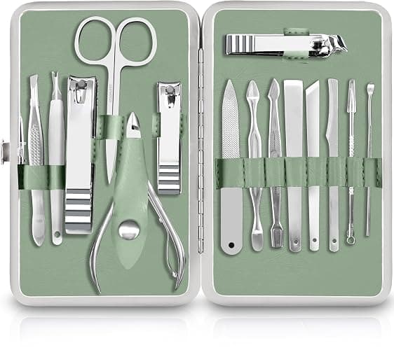 Utopia Care - Manicure Kit for Women and Men, Manicure Set with Nail Clippers or Nail Kit Includes Fingernail & Toenail Clippers,15-Pcs Pedicure Kit Stocking Stuffers with Travel Case - Green - Pack of 15 - Green - Image 1