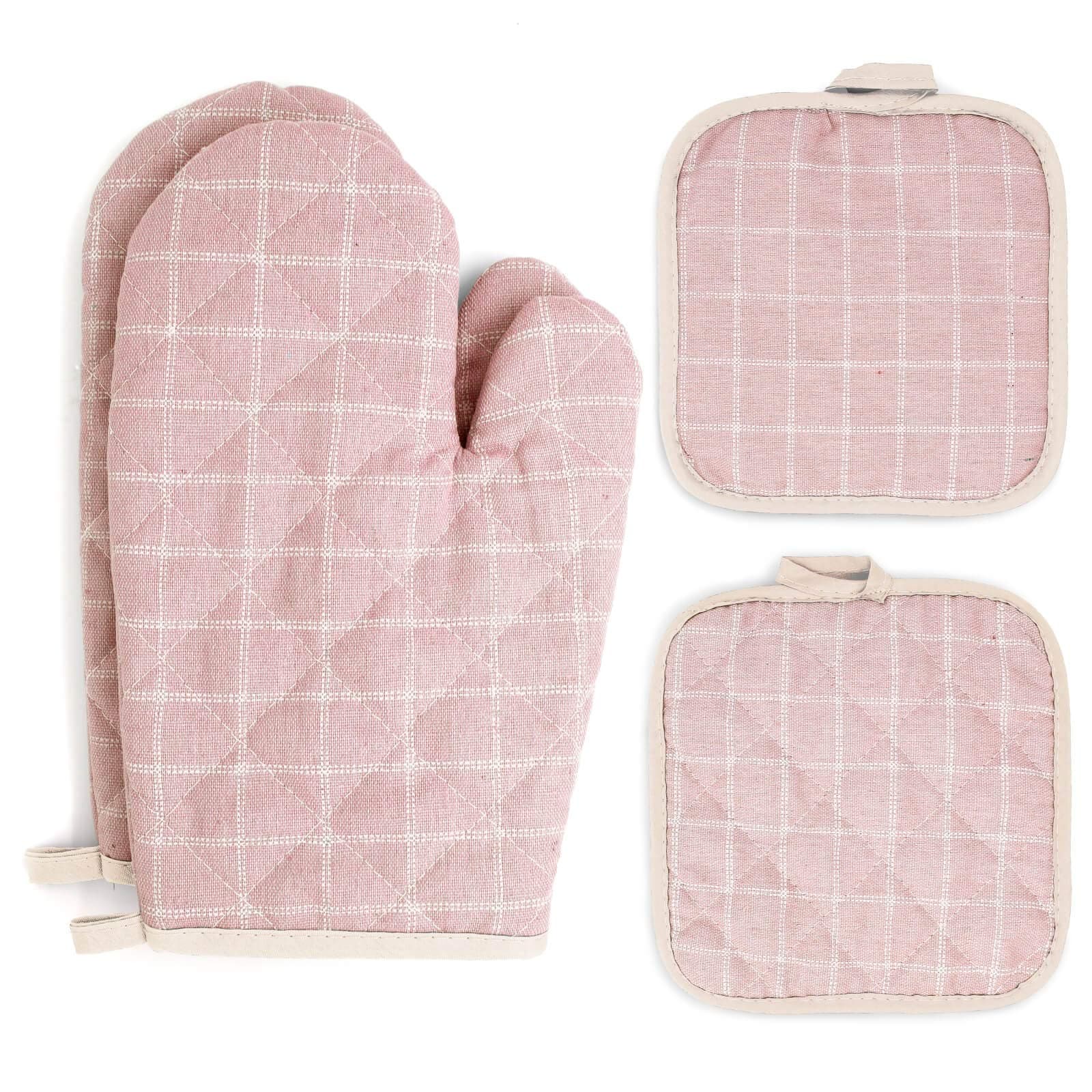 Pretty Jolly Oven Mitts and Pot Holders Sets 4 pcs, Pink Oven Mitt Set with Potholders for Kitchen Heat Resistant, Hot Pads and Oven Mitts Sets Kitchen Mittens Home Cooking Baking Mitts for Woman - Image 1