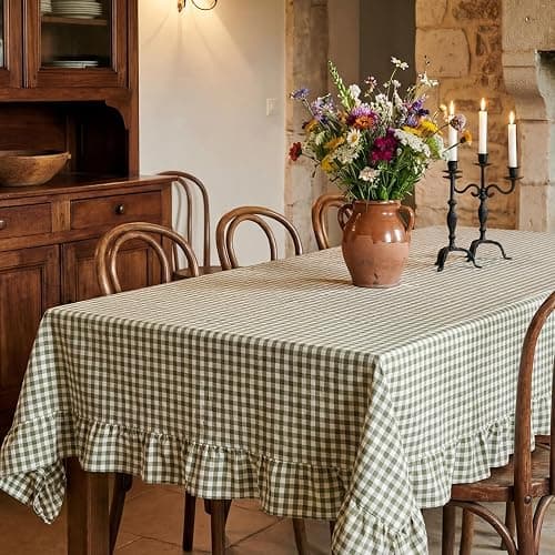 Mindsoft Sage Green Gingham Ruffled Tablecloth,52 x 70 Inches,Rectangle | Decorative Checkered Plaid Table Cloth, Washable Cotton Linen, Vintage Farmhouse Table Cover for Picnics Dining Party Decor - Image 1