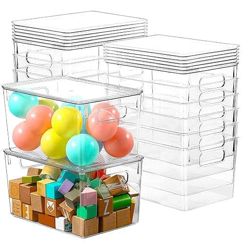12 Pack Clear Storage Bins with Lids, 7 Quart Stackable Storage Boxes for Storage and Organization, Plastic Storage Containers with Lids, Plastic Bins with Handles for Office, Bedroom, Study Room - With Lids - 12 Pack - Image 1