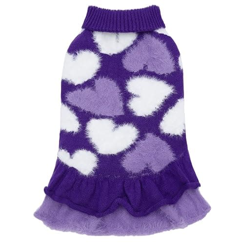 CuteBone Purple Heart Dog Sweater Dress for Small Dogs Girl, Soft and Stretchy Dog Sweater for Medium Large Dogs, Pullover Pet Winter Clothes Ruffle Dress Cat Apparel DS101XL - Image 1