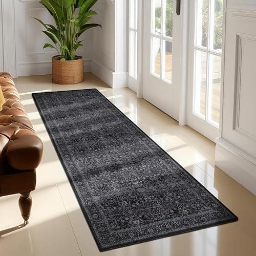 Jainmy Dark 2x6 Runner Rug for Hallways Entryway, Vintage Earth Tone Kitchen Bathroom Runner 6ft, Non Slip Washable Low Pile Thin Carpet Runner for Mudroom/Laundry Room/Bedroom Bedside, Midnight - Image 1