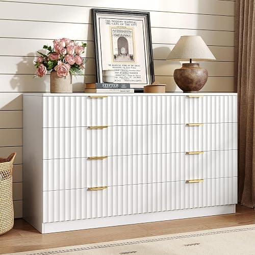 NDOHCUO Fluted 8 Drawer Dresser for Bedroom,47.2''W Modern Dresser for Closet with Metal Handle, Wooden Chest of Drawers for Bedroom, Living Room, Hallway, White - Image 1