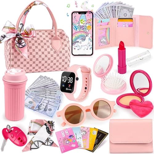 Oisacirg Play Purse for Little Girls, 32PCS Toddler Purse with Pretend Makeup for Kids, Princess Toys Includes Handbag, Phone, Wristwatch, Silk Scarf Kids Toy Purse Birthday Gift for Girls 3 4 5 6 + - Image 1
