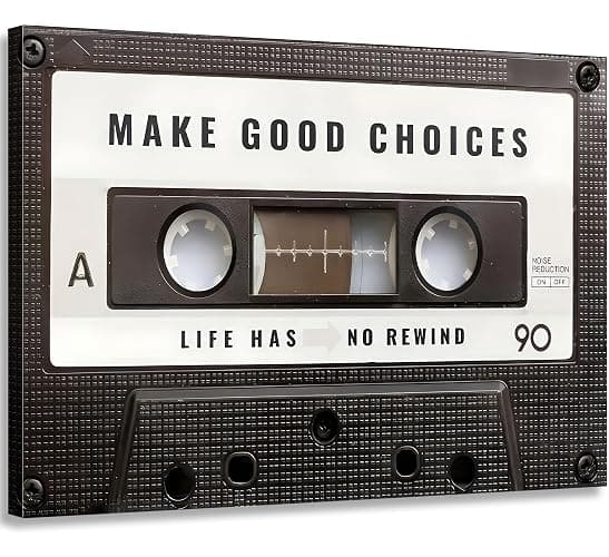 Inspirational Office Canvas Wall Art Picture Vintage Cassett Tape Prints Make Good Choices Life Has No Rewind Inspiring Artwork Motivational Wall Decor for Office Bedroom Living Room 12x16in Framed - Image 1