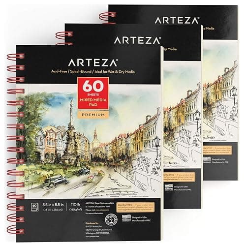 ARTEZA Mixed Media Sketchbook, 5.5 x 8.5 Inches, Pack of 3, 60 Sheets Each, Micro-Perforated Spiral-Bound Paper Pad for Wet and Dry Media - Image 1