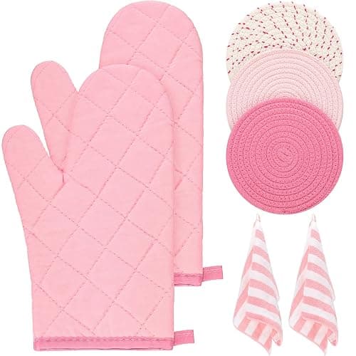 Zubebe Pink Oven Mitts and Pot Holders with Kitchen Towels Set of 7, Valentine's Day Gift for Women Heat Resistant Oven Gloves Kitchen Hand Towels Hot Pads for Cooking Baking(Plaid) - Image 1