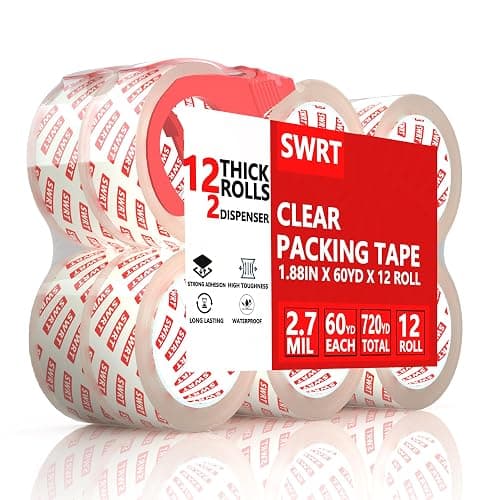SWRT 2.7Mil Thick Ultra Clear Packing Tape, 12 Rolls Heavy Duty Packaging Tape with 2 Dispensers for Shipping Packaging Moving Mailing, Thicker Sealing Tape-1.88" x 60 Yards Per Roll, 720 Total Yards - Image 1