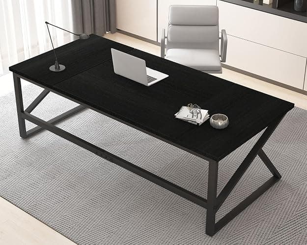 HSH 70 Inch Long Black Desk, Large Metal Wood Computer Desk for 2 Monitors, Modern Home Office PC Laptop Desk for 2 People Executive Writing Work Study Gaming, Simple Bedroom Living Room Black Table - Image 1