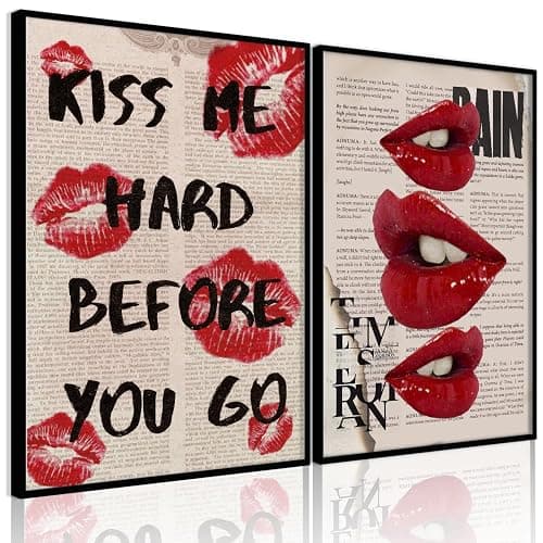 QGNBGBJ 2Pcs Fashion Canvas Wall Art Trendy Preppy Wall Decor Funky Red Lips Posters Retro Newspaper Picture Prints College Girls Aesthetic Room Decor Y2K Girly Dorm Bedroom Decor Unframed(12x16in) - Red lip - 12x16in Unframed - Image 1