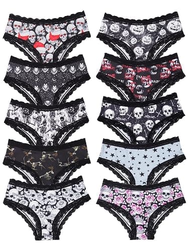 Morvia 10pcs Women's Gothic Contrast Lace Halloween Skull & Rose Print Hipster Panties Assorted Styles - Image 1