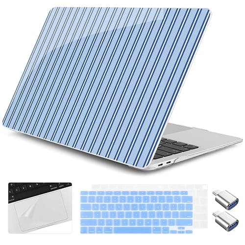 Yebiseven for M1 MacBook Air 13 inch Case 2021 2020 2019 2018 Model A2337/A2179/A1932, Laptop Hard Shell Case with Keyboard Cover & Trackpad Protector & 2 OTG Adapters, Blue Stripes - Image 1