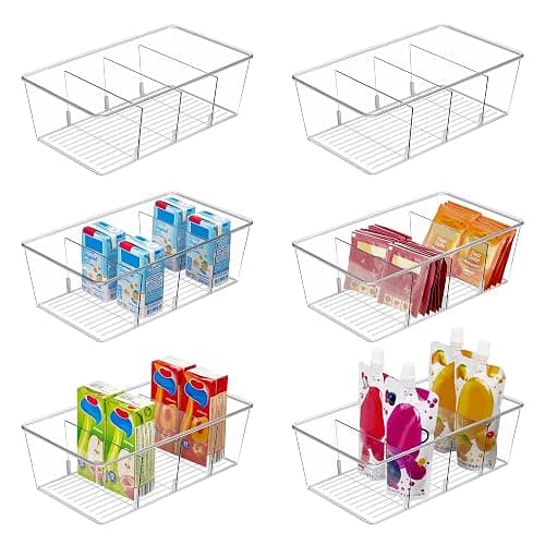 Vtopmart 6 Pack Food Storage Organizer Bins, Clear Plastic Bins for Pantry, Kitchen, Fridge, Cabinet Organization and Storage, 4 Compartment Holder Packets, Snacks, Pouches, Spice Packets - Image 1