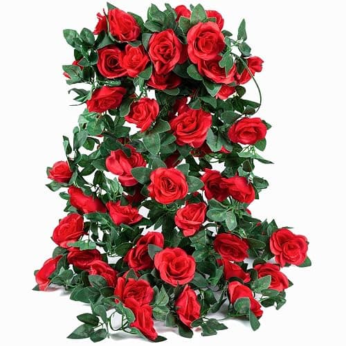 OWPFJG 4 Pack (32FT) Artificial Rose Vine Fake Flowers Garland (Red) | Hanging Silk Rose Ivy Plants Vine for Mother's Day Wedding Arch Party Wall Indoor and Outdoor Aesthetic Art Décor - Image 1