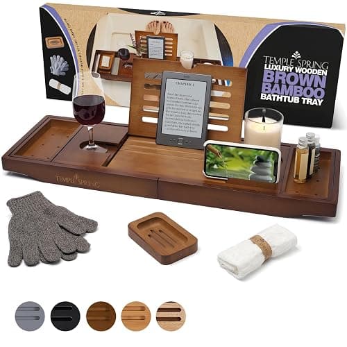 Temple Spring Wooden Bath Tray, Bath Shelf Bathroom Accessory, Home Spa Boards for Adults, Bathtub Caddy, Bamboo Bathroom Accessories Set, Extendable Bathtub Rack with iPad & Phone Holder -Wood Brown - Image 1