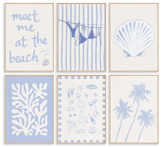 6Pcs Coastal Granddaughter Wall Art Blue Shell Bikini 8x10in | Starfish Palm Tree Poster Prints, Meet Me At The Beach, Preppy Aesthetic, For Girly Room Dorm Apartment - Image 1